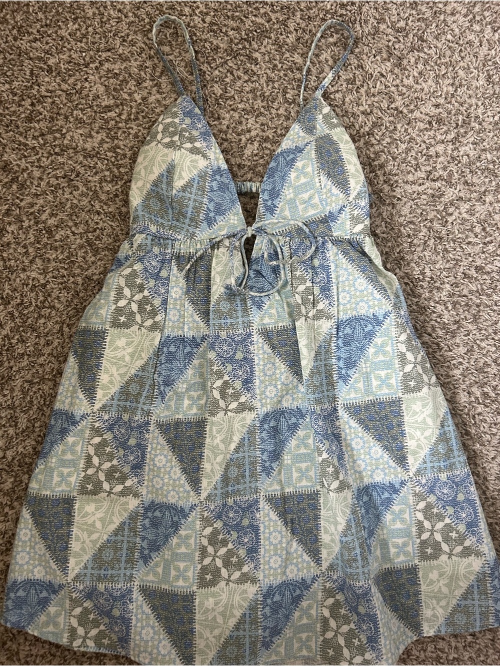 Abercrombie & Fitch Blue and Sage Patchwork-Print Spaghetti-Strap Dress